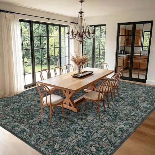 Vintage Botanical Area Rug 9x12 Dark Green Non-Slip Floral Carpet for Living Room