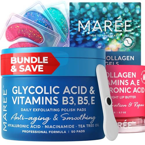 MAREE Bundle - Glycolic Acid Peel Pads, Lip Mask Under Eye Gels - Salicylic Acid, Marine Collagen & Hyaluronic Acid, Coconut Oil - Deep Cleaning Effect, Nourish & Hydrate Dry Lips, De-puff Eyes