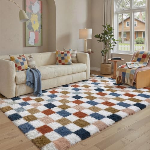 Rainbow Checkered Area Rug 6x9 ft Fluffy Shag Carpet for Living Room