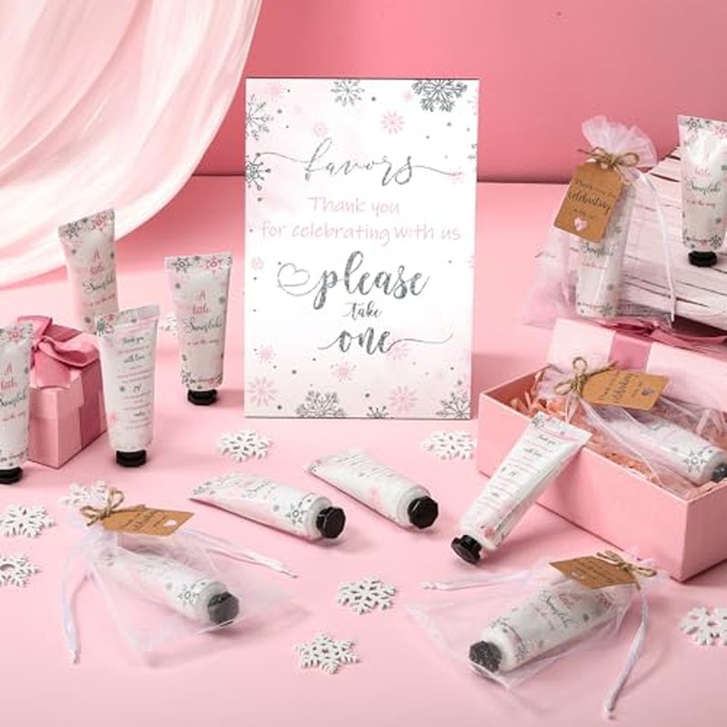 50 Sets Baby Shower Hand Cream with Organza Bag Thank You Card Baby Shower Wedding Gifts for Guests Bridal Wedding Favors for Guests, Thank You Gifts for Women(Pink Snowflakes)