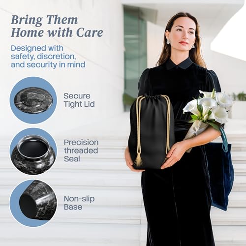 Hearthy Home Large Black Marble Cremation Urn for Human Ashes - Elegant Memorial, 10.5H x 6.25W