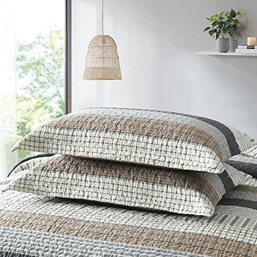 Queen Size Cotton Quilt Set with Reversible Patchwork Bedspread - Farmhouse Lightweight Bedding, 3 Pieces - White, Brown, Grey