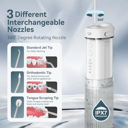 JTF Portable Water Flosser for Travel - White, Compact Mini Design, 4 Cleaning Modes