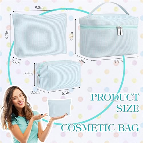 3 Pieces Makeup Bag Set for Women Cute Seersucker Cosmetic Pouch Travel Toiletry Bag Preppy Small Makeup Purse Pouch Aesthetic Skincare Brushes Storage Organizer for Women(Light Blue)