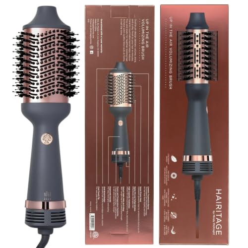Hairitage Volumizing Blow Dry Brush & Hair Dryer - Ceramic Tourmaline, 2 Heat Settings, Frizz-Free Styling