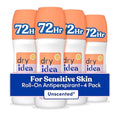 Dry Idea Unscented Roll-On Deodorant & Antiperspirant for Women - Hypoallergenic, 3.25oz, Pack of 4, 72Hr Odor & Sweat Protection