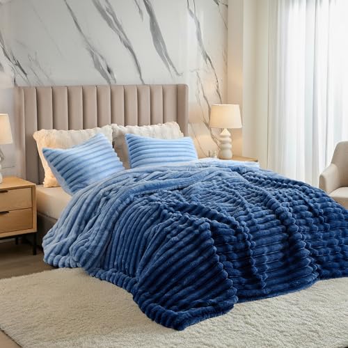 Queen Size Blue Ombre Ribbed Fluffy Comforter Set - Cozy Bed Bedding