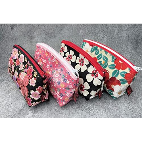 Small Makeup Bag for Purse [ Made in Japan] Traditional Edo Komon Design Cute Cosmetic Pouch (Cherry Blossom (Black))