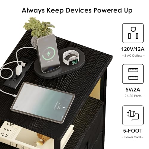 Fixwal Night Stand with Charging Station RGB LED Lights 4 Drawers - Black, 15.7"D x 11.8"W x 33.1"H
