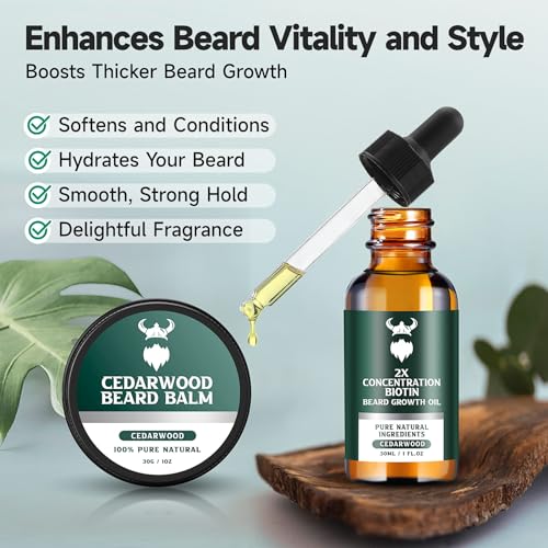 Beard Growth Kit with Cedarwood Oil - 2X Concentration Biotin for Men, Natural Argan & Jojoba Oils