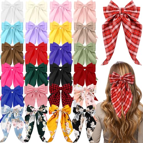Large Satin Hair Bows for Women - Plaid Style, 25 Pack