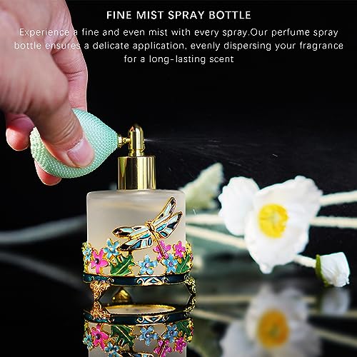 YU FENG 18ml Frosted Refillable Perfume Bottle Round Glass Perfume Spray Bottle Hand-painted Empty Travel Perfume Atomizer Gift (Green Dragonfly With Flowers)