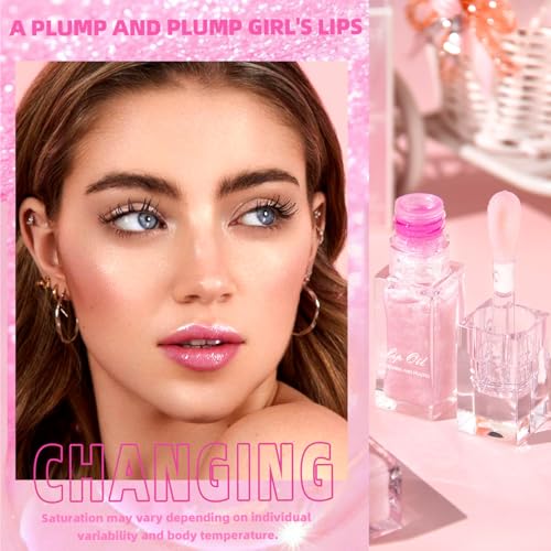 Magic Color Changing Lip Oil with Big Brush - Shimmer Glossy Non-Sticky Plumping Lip Balm, 6.5g Hydrating Long-Lasting Lip Care