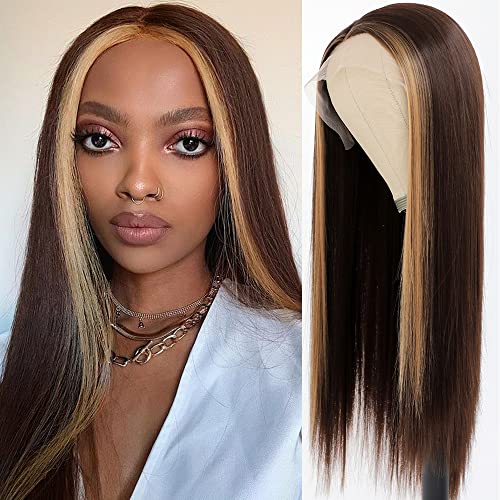 Brown Hair Color Lace Front Wig 24 Inch Long Straight Hair with Honey Blonde Highlights - Variation F27P