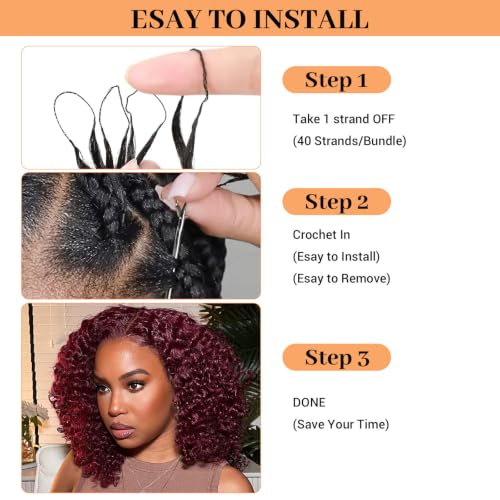 16 Inch Burgundy Burmese Curly Crochet Hair Bundles - 60g Pre-separated Human Hair, Feather Lightweight, Knotless & Reusable