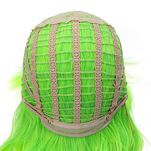 PATTNIUM Lime Green Short Wavy Wig for Women Girls - Fluorescent Synthetic Hair with Bangs