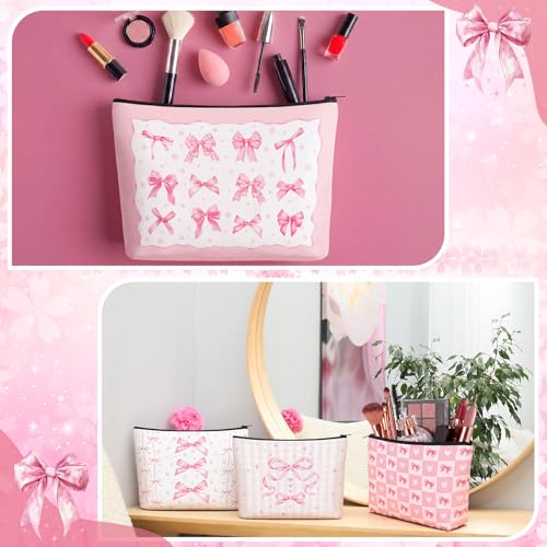 Pink Bow Makeup Bags Set - 24 Coquette Cosmetic Pouches with Zippers for Women & Travel - Pink Aesthetic Gifts