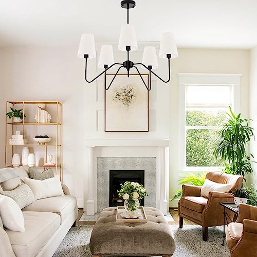 FIYUEOYI 5-Light Black Modern Farmhouse Chandelier with White Fabric Shade - Variation Black & White