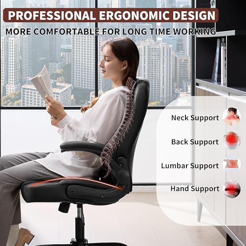 Leather Office Chair Swivel Lumbar Support Black - Short People Ergonomic Design