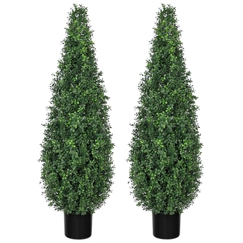 48-Inch Artificial Boxwood Topiary Trees with Black Pots - Set of 2