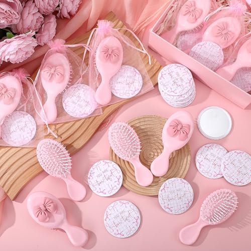 Pink Butterfly Wedding Party Favor Set - Mirror & Hair Brush with Coquette Bow Variation