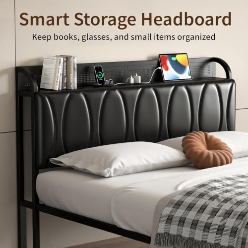 VECELO Full Size Platform Bed Frame with Upholstered Headboard & Storage Bench, Black