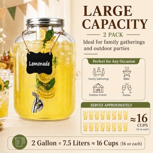 Kikcoin 2 Gallon Glass Drink Dispensers with Stand – 2 Pack