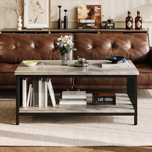 Homeiju 39.4 Inch Modern Farmhouse Coffee Table with 2-Tier Storage, Grey Wash