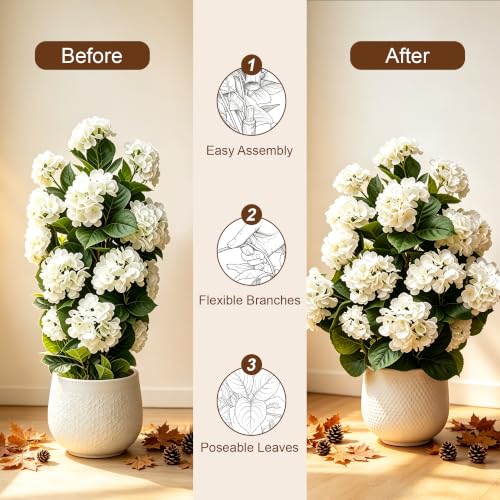 White Faux Hydrangea Tree Set - 2 Pcs 32 Inch Artificial Flowering Plants with Pot for Fall Decor