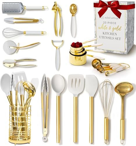 Gold Kitchen Utensils Set - 23-Piece White & Gold Cookware with Holder, Champagne Gold Variation