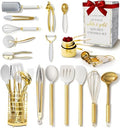 Gold Kitchen Utensils Set - 23-Piece White & Gold Cookware with Holder, Champagne Gold Variation