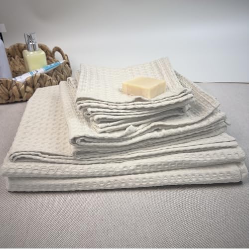 Set of 4 Premium Quality Waffle Washcloths, 13 Inch Quick Dry Face Washcloth, Pure Cotton Natural Soft Makeup Towel, Shower Cloth for Face Body (Natural)