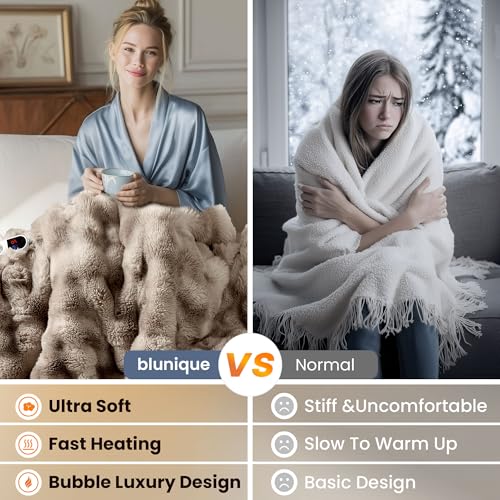 Blunique Tie-dye Light Taupe Electric Heated Throw Blanket, Faux Fur & Velvet, 6 Heat Settings, 50x60 inches