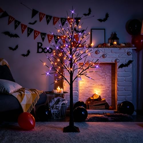 6 FT Halloween Lighted Birch Trees - 96 LED Purple & Orange Fairy Lights with Timer - Indoor Outdoor Decor