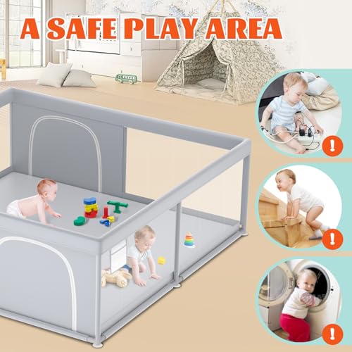 Extra Large Baby Playpen 79x79 Inches with Soft Breathable Mesh - Grey, Without Mat