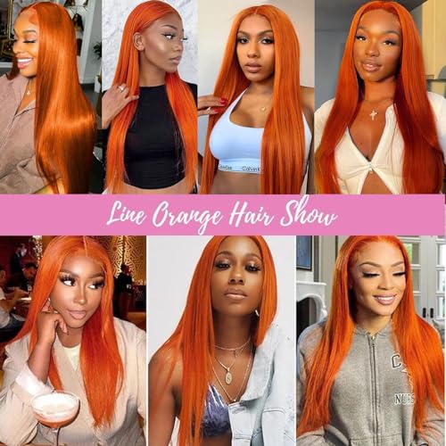 Fiumer 26 Inch Orange Ginger Human Hair Lace Front Wig 13x4 Straight 180% Density
