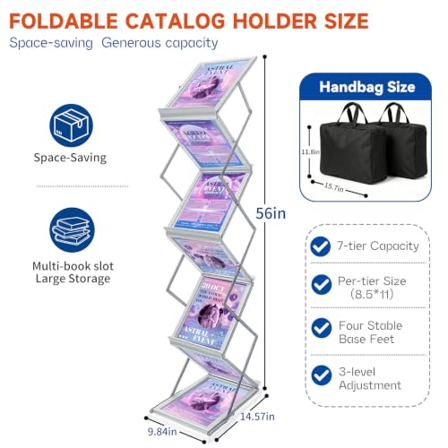 7-Pocket Brochure Display Stand - Adjustable Literature Rack with Carrying Bag - Silver
