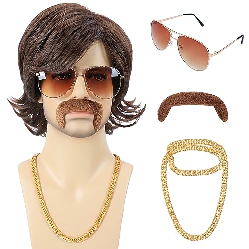 70s Disco Costume Wig for Men - Brown Shaggy Retro Hair with Mustache & Glasses - Halloween Party Cosplay
