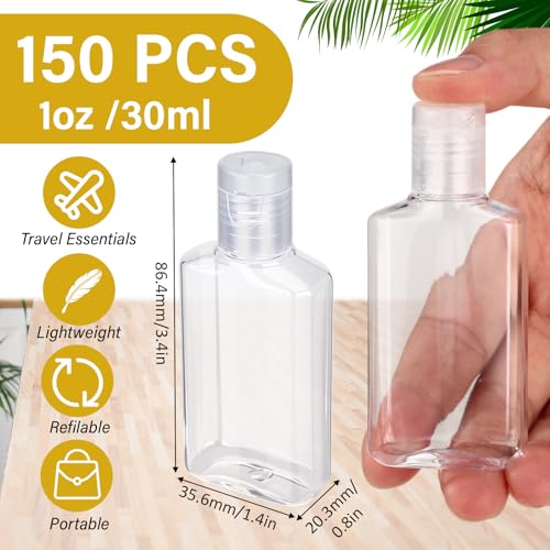 LemonRoad 150 Pcs 1 oz Plastic Empty Travel Bottles with Flip Cap 30ml Mini Clear Hand Sanitizer Bottle Refillable Containers for Shampoo Lotion Liquid Body Soap Cream Toiletries(Clear Lid)