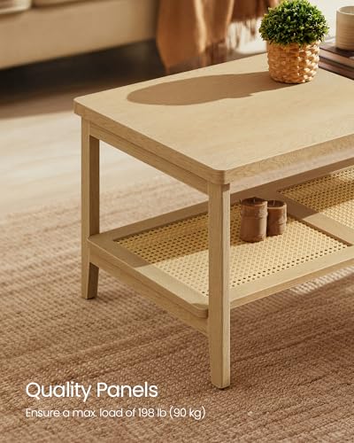 VASAGLE 2-Tier Coffee Table with PVC Rattan Storage Shelf - Oak Beige