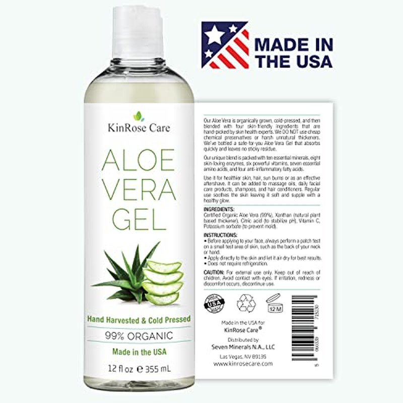 12oz Organic Aloe Vera Gel for Face, Skin, Hair & Sunburn Relief - From 100 Percent Pure Aloe Vera - Cold Pressed, Vegan, Unscented - Made in USA.