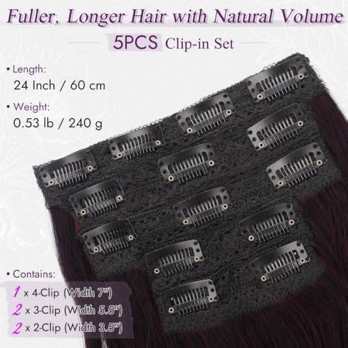 BARSDAR 24 Inch Dark Red Brown Wavy Clip-In Hair Extensions - Synthetic, Natural-Looking Volume & Length