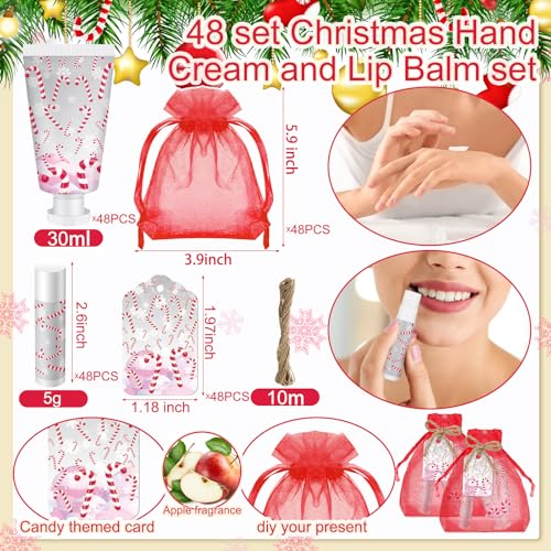 24 Sets Christmas Candy Cane Hand Cream & Lip Balm Gift Set with Organza Bags
