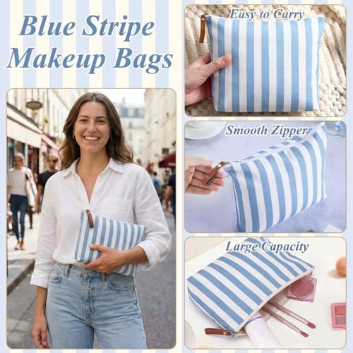 Blue Striped Makeup Bags Bulk Set - 12 Reusable Canvas Cosmetic Organizers