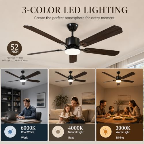 Standle 52-Inch Black Ceiling Fan with Lights & Remote Control, Dual-Sided Blades