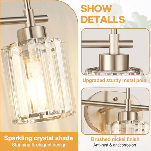 Brushed Nickel 3-Light Bathroom Vanity Light Fixture with Crystal Shades - Modern Wall Sconce for Mirror, Bedroom, Hallway