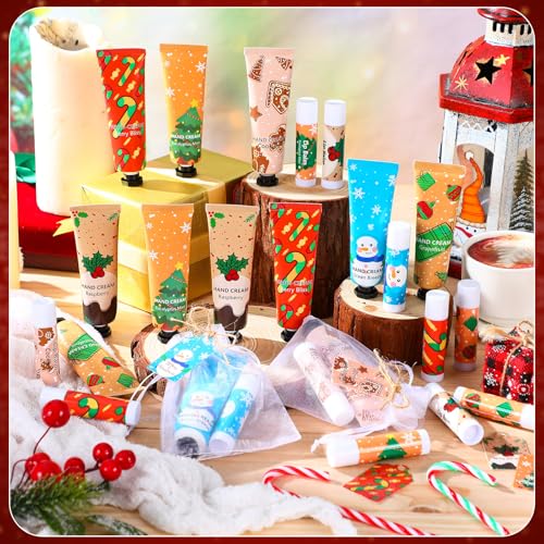 12-Pack Christmas Hand Cream & Lip Balm Gift Set for Women - Festive Scents & Packaging