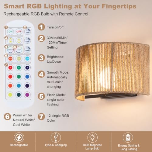 Rattan Battery Operated Wall Sconce Set of 2 - Boho Rechargeable Wall Lamp WL-Woven01