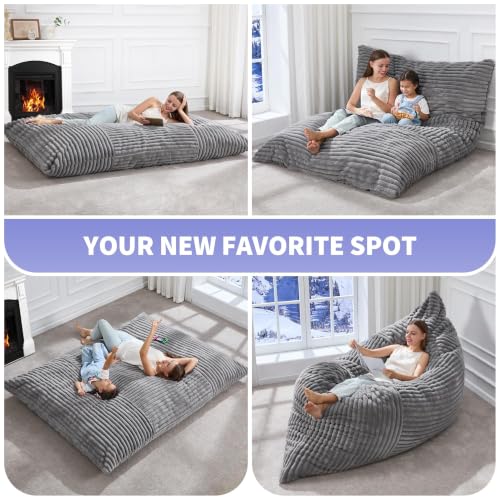 Hobestluk 3-in-1 Large Grey Bean Bag Sofa & Lounger - Adult Convertible Chair