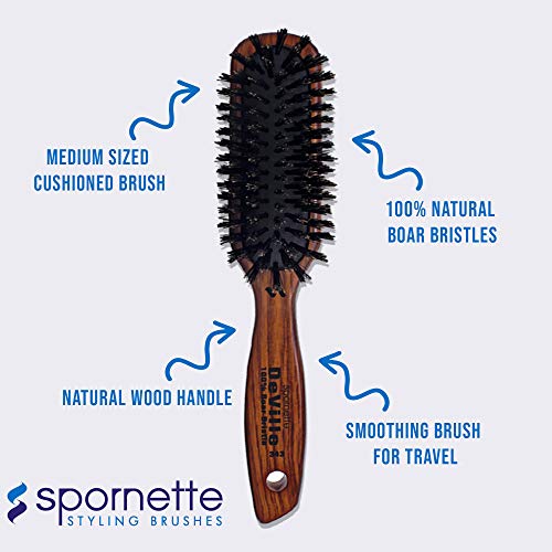 Spornette Deville Hair Brush #343 - Boar Bristle, Wooden Handle, Cushioned Smoothing Brush for Shine & Styling